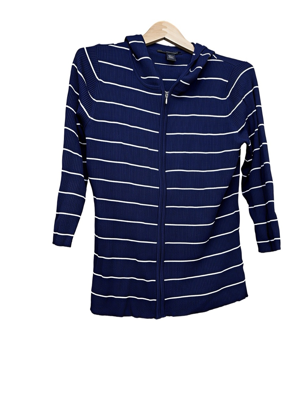 89th & Madison Navy and White Striped Zip Cardigan Hoodie